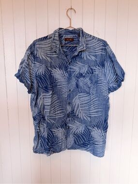 Tasso Elba Blue Palm-Print Linen/Silk Blend Button-Down Shirt
